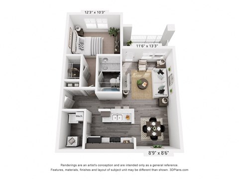 Floor plan for 1 bed, 1 bath, 793 sqft